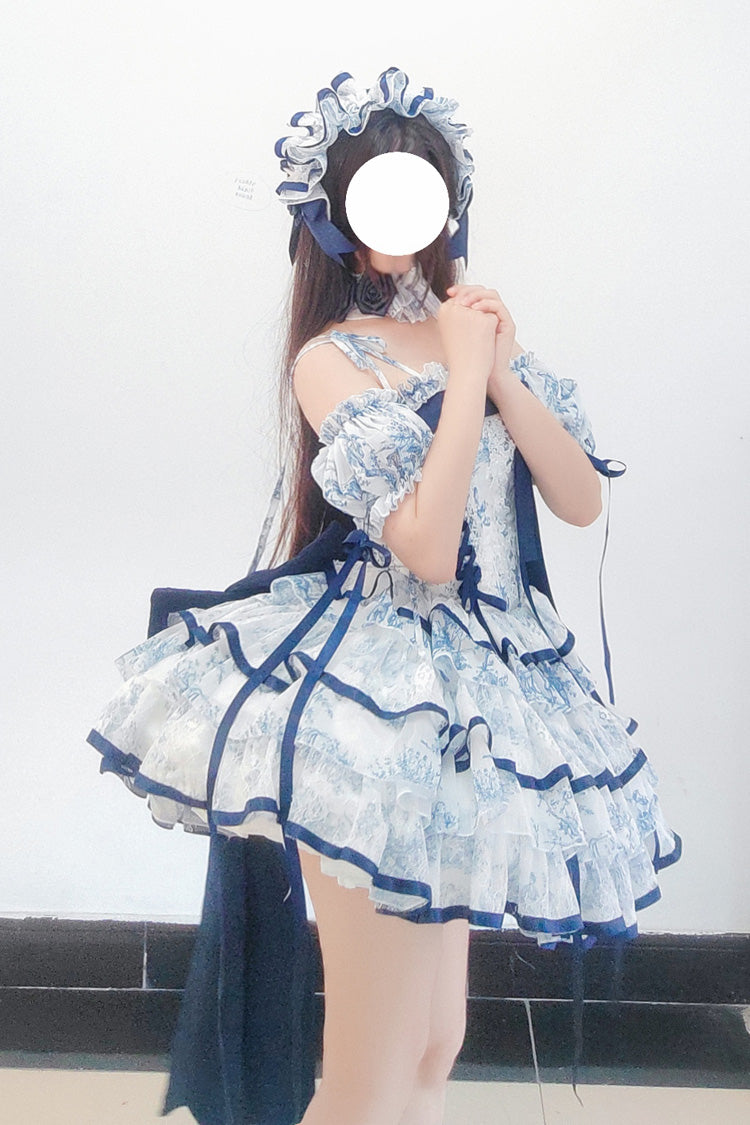 Cerulean and Ivory Sleeveless Multi-Layer Bow Print Chinese Classic Sweet Lolita JSK Short Dress