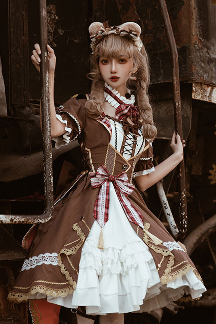 White/Brown Bear Print Gothic Dress with Ruffle Cardigan