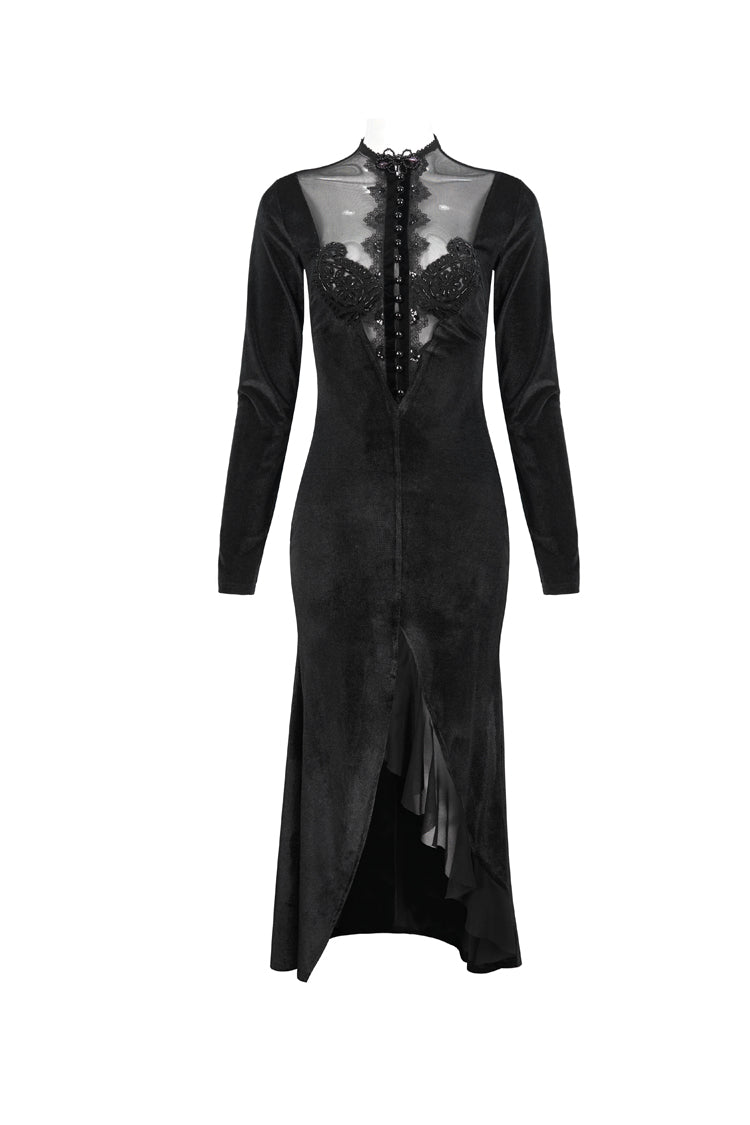 Stand Collar Paisley Lace Mesh Panel Asymmetric Hem Gothic Dress