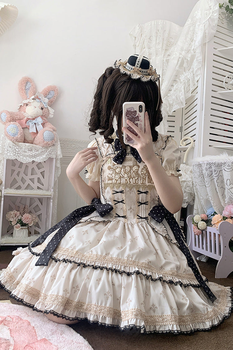 Cream Bear Holiday Sleeveless Double-Layer Embroidery Bow Frilled Sweet Lolita JSK Dress