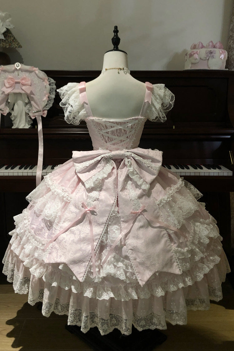 Eternal Floral Message Square Collar Sleeveless Multi-Layered Embroidered Bow Lace Sweet Lolita Jsk Dress - Pink