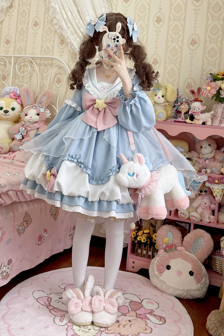 Pray Star Sweet Lolita Dress with Double Ruffles and Stitching