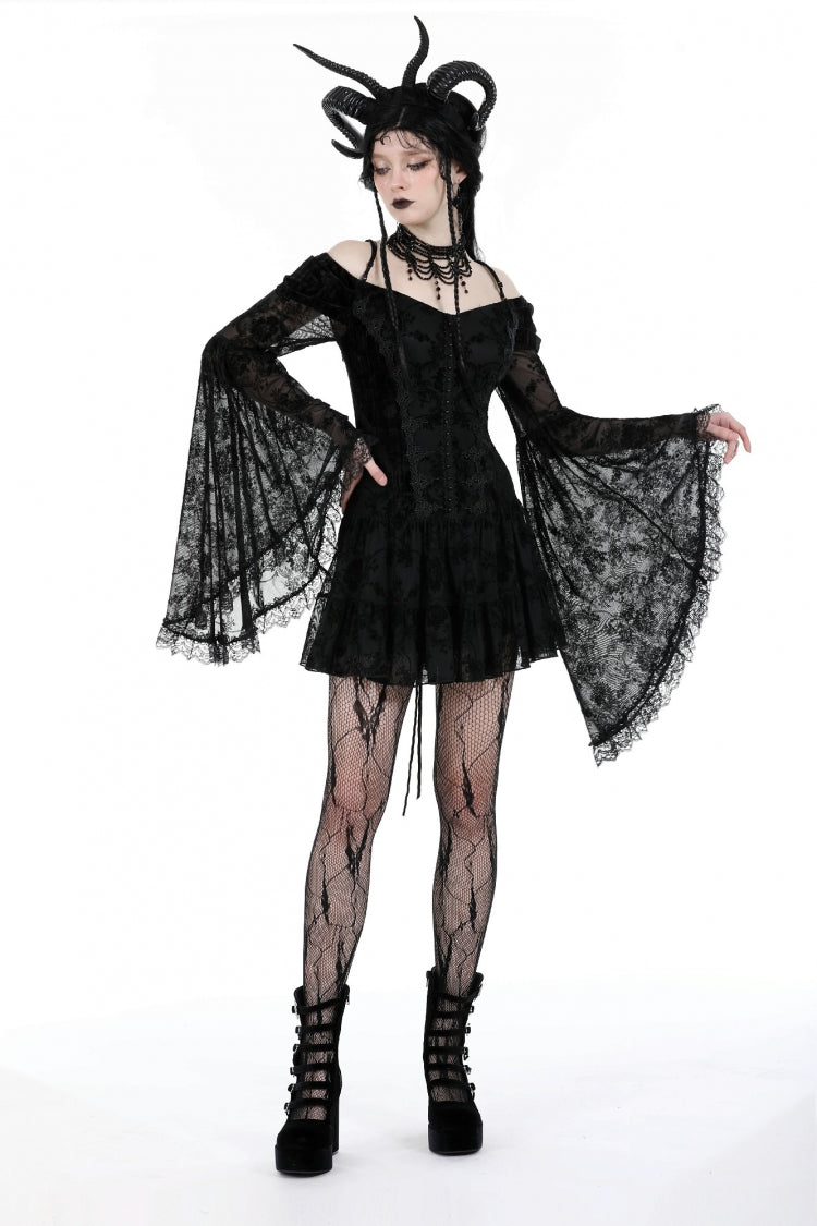 Off Shoulder Long Trumpet Sleeves Velvet Spliced Mesh Gothic Graduation Dress