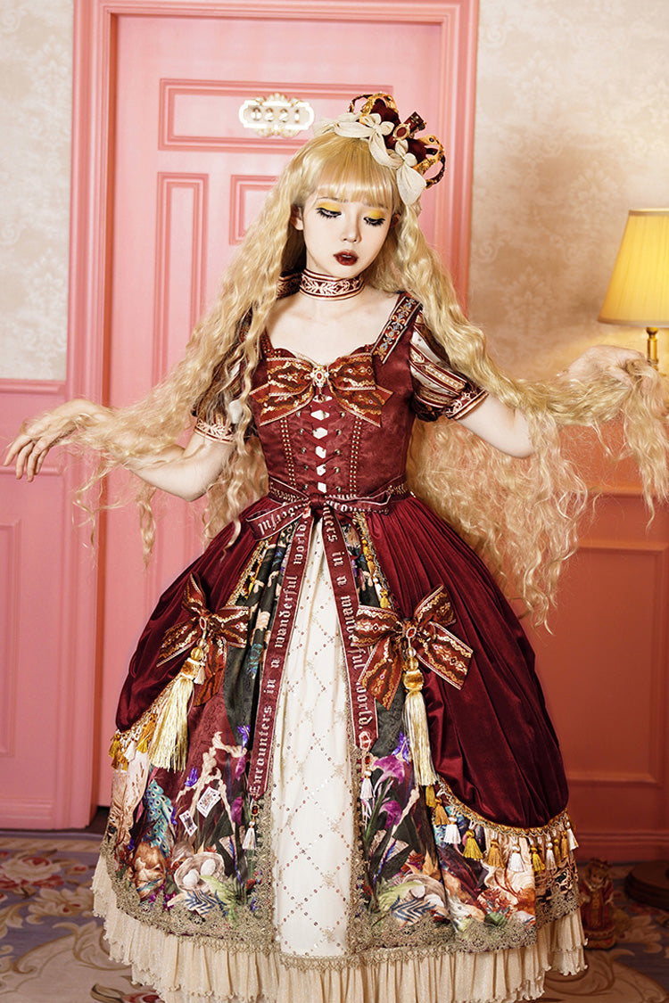 Red Kaleidoscope of Dreams Double-Layer Print Embroidery Bow Lace-Up Classic Vintage Gorgeous Lolita
