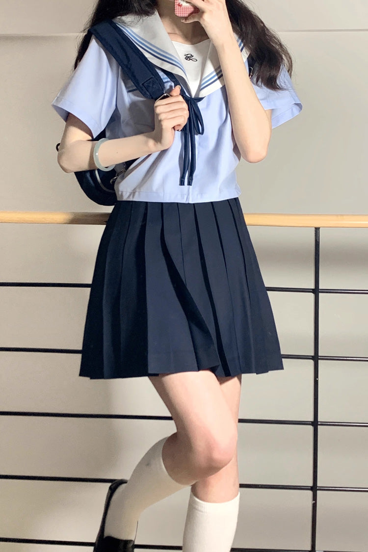 Navy Sailor-Inspired Pleated School Skirt with Sweet Charm