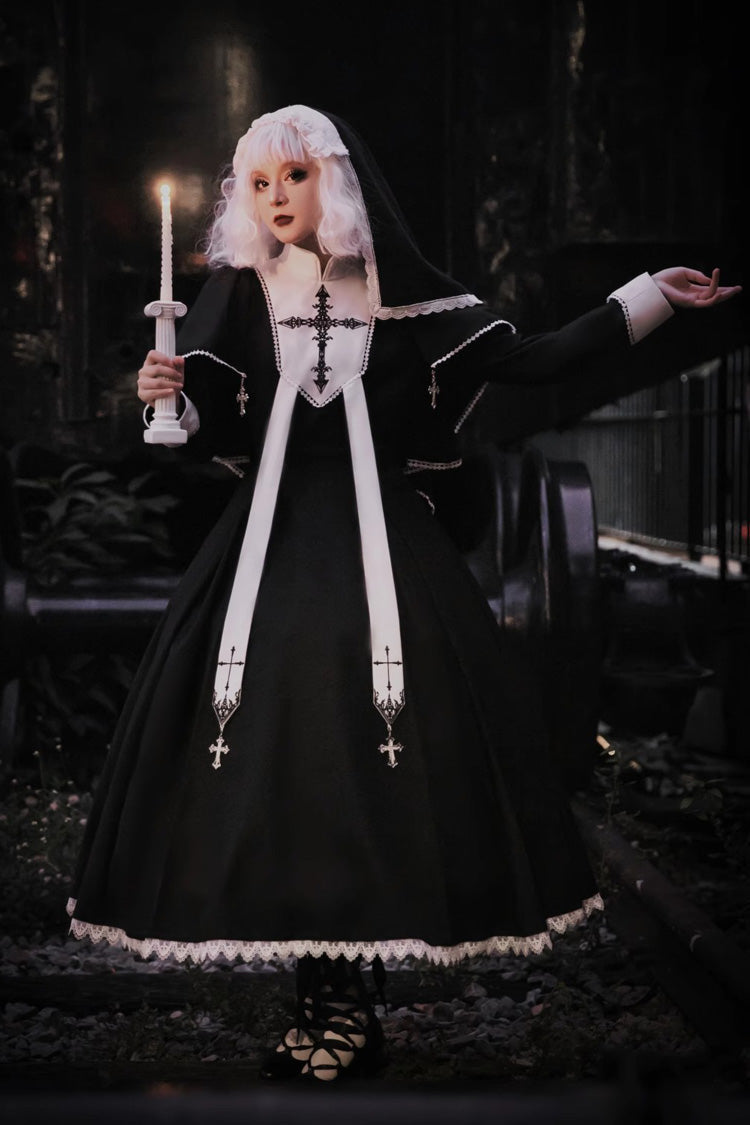 Black Stitching Lace Long Sleeve Gothic Elegant Lolita Dress - Nun