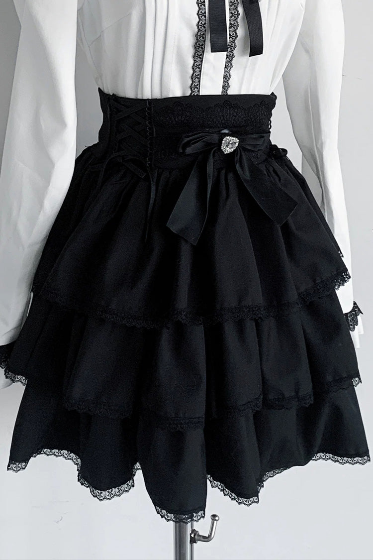 Doll Collar Triple Layered Ruffled Bow Lace Jirai Skirt and Blouse Set in Two Colors