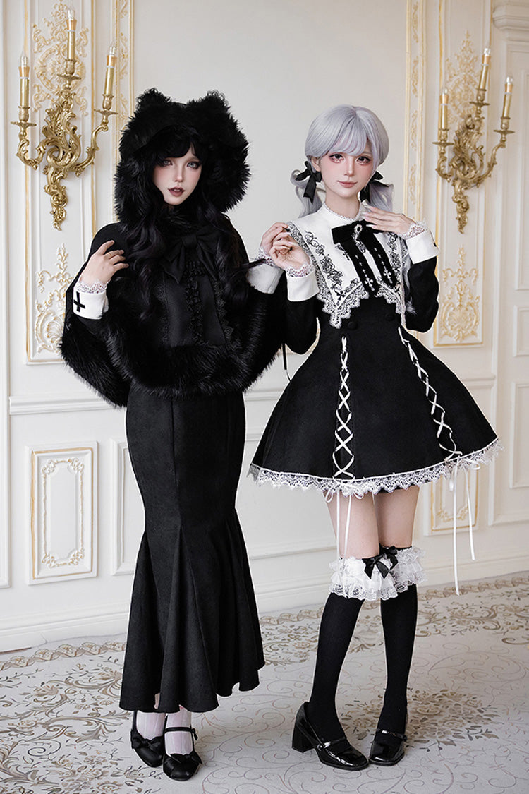 Rose Doll Square Collar Lace-Up Gothic Lolita Dress Set with Bow