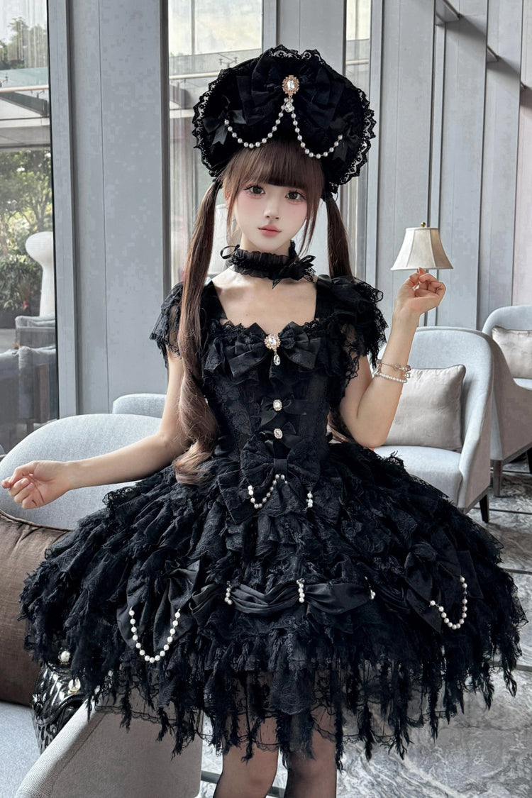 Sleeveless Bow-Adorned Pearl Gothic JSK in Black
