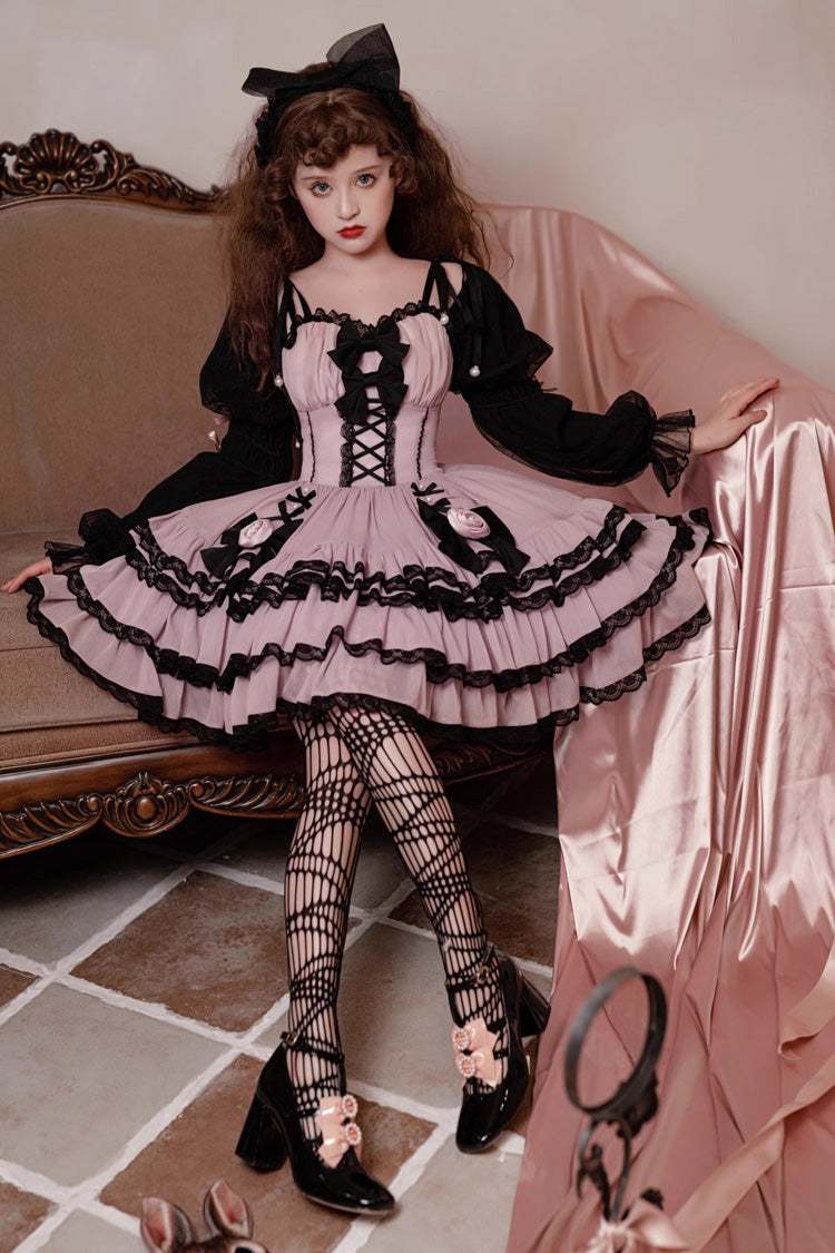 Purple Black Layered Ruffled Bow Sweet Lolita Long Sleeve Dress