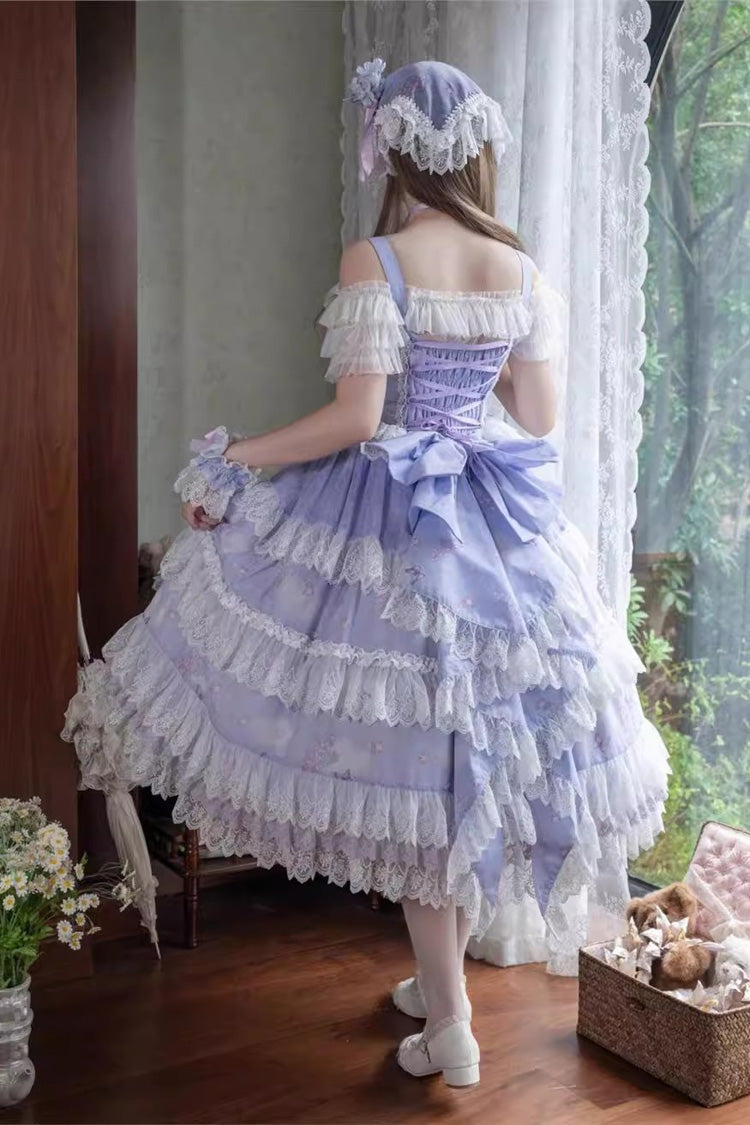 Violet Lavender Sleeveless Multi Printed Ruffled Bow Lace-Up JSK Set