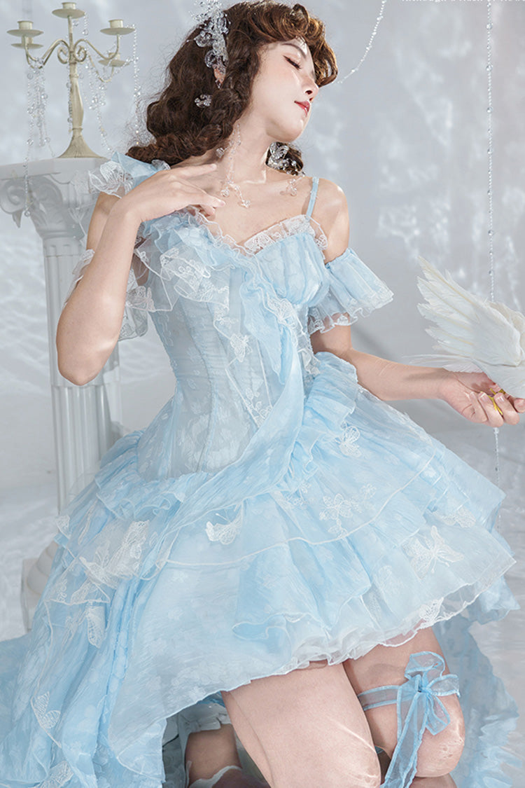 Blue Summer Bubbles Sleeveless Ruffle Embroidered Lace Irregular Train Jsk Dress
