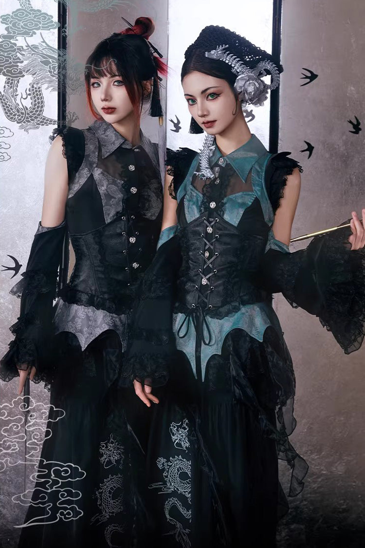Sky Dragon Chinese Gothic Lolita Embroidered Skirt Set with Print