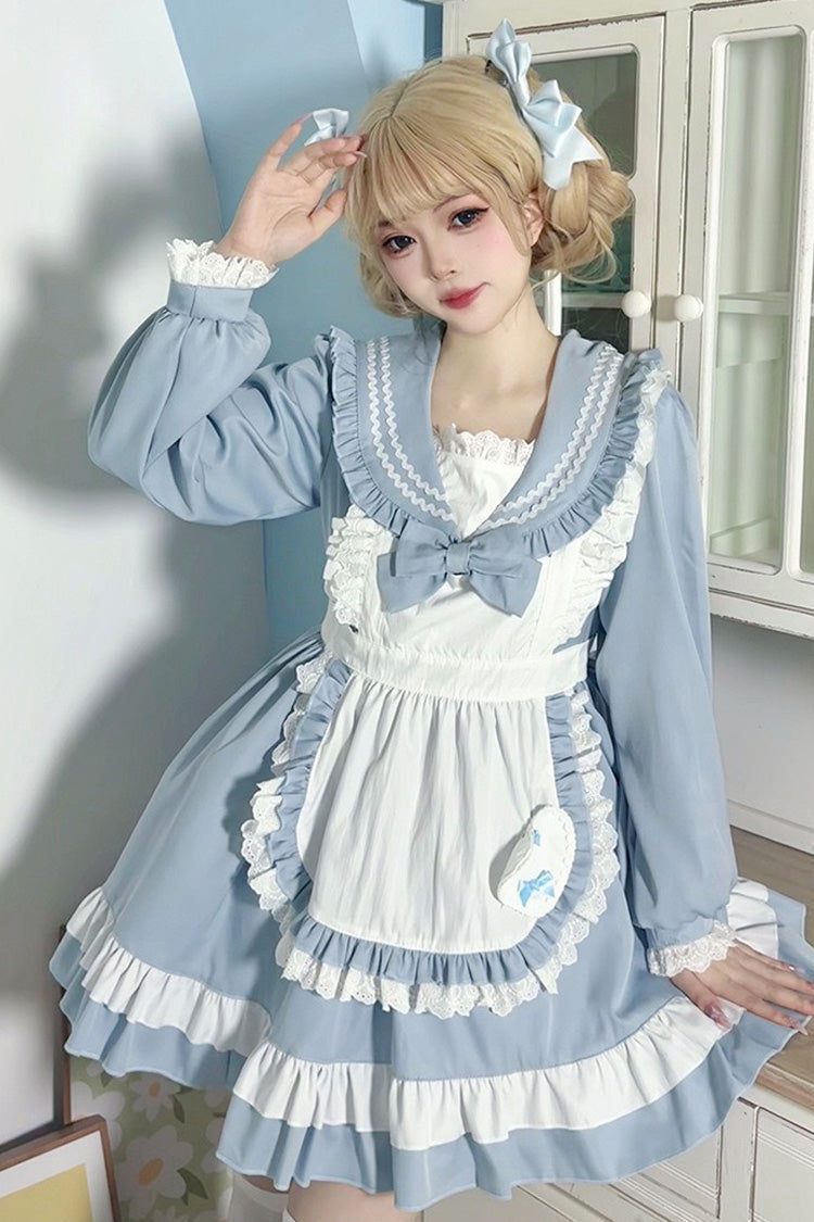 Blue Maid Long-Sleeved Ruffle Bow Sweet College Lolita Dress 2 Colors