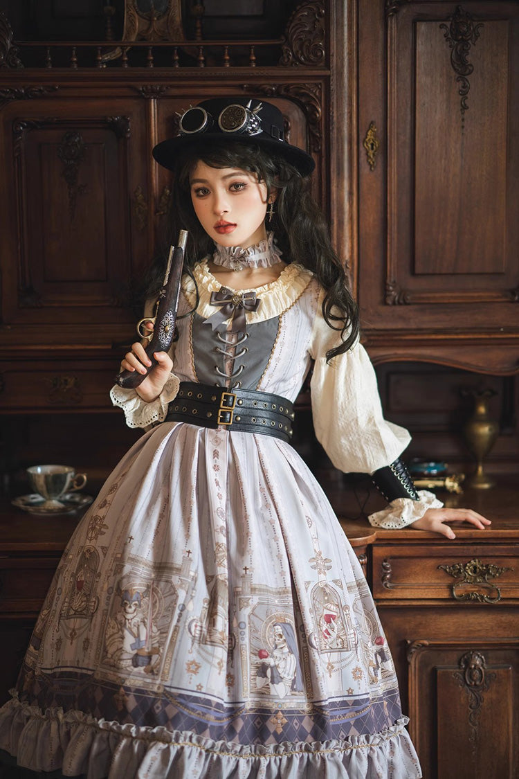 Lantern-Sleeved Lolita Dress with Ruffled Demon Print
