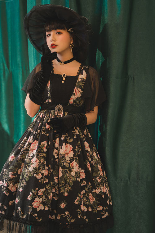 Black French Rose Print Square Collar Ruffled Classic Lolita OP Dress - Altfashion Shop