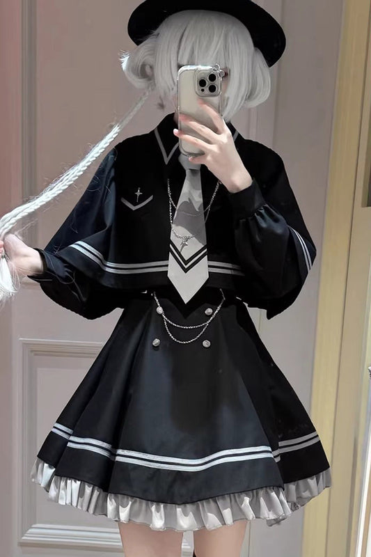 Gothic Ruffled Chain-Detail Printed Jirai Kei Dress Set