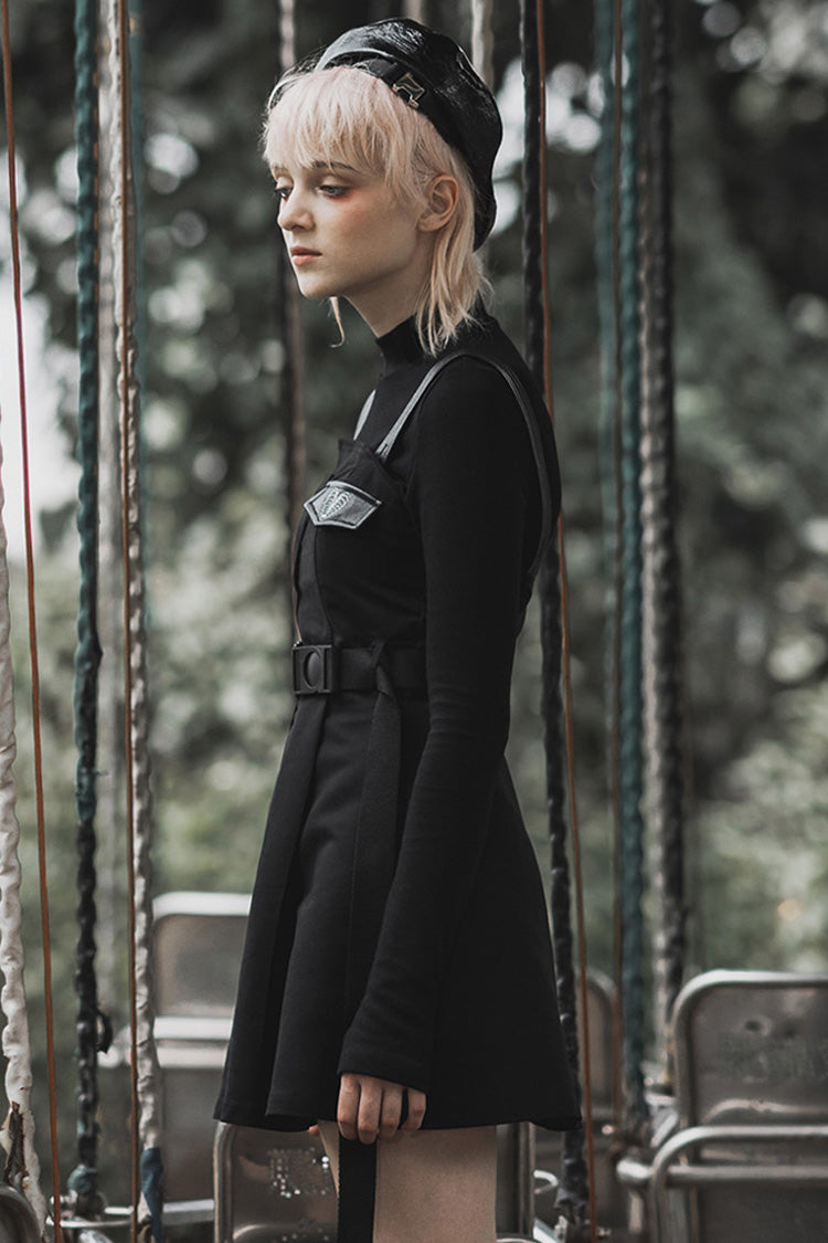 High Waist Belted PU Leather Strap Irregular Steam Punk Dress