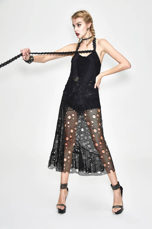 Broken Holes Mesh Peplum Halter Punk Dress
