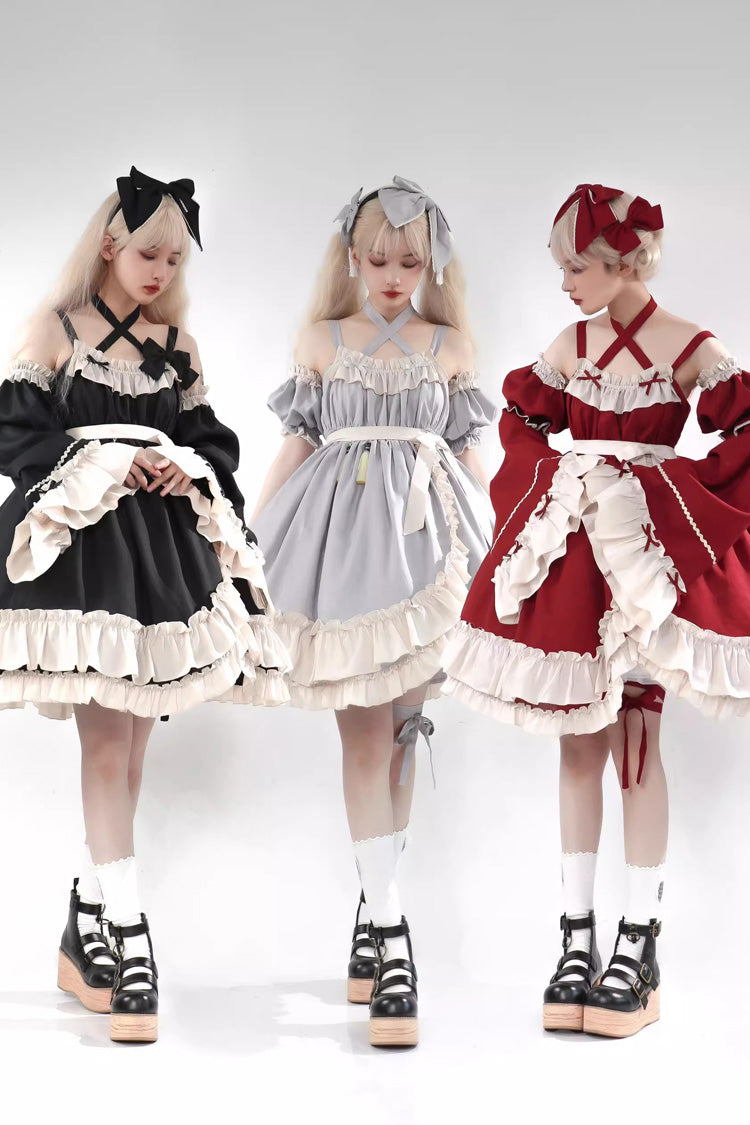 Sleeveless High Waist Ruffle Bow Asymmetric Gothic Lolita Jumper Dress - Red