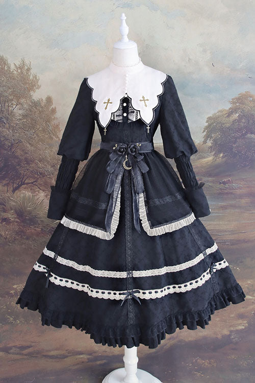 Black Cross Church Lace Long Sleeve Ruffled Classic Lolita OP Dress - Altfashion Shop