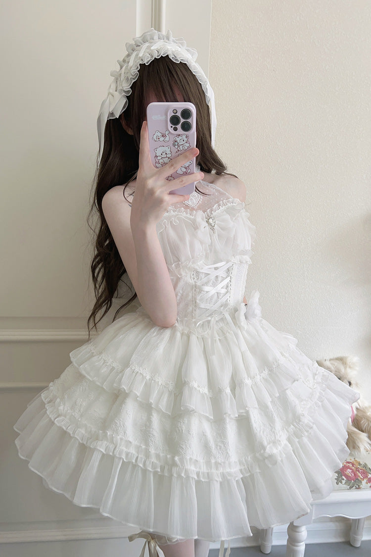 White Sweet Lolita JSK Halterneck Triple Layered Bowknot Lace