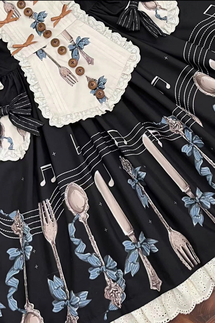 Navy Witch's Banquet Round-Collar Short-Sleeve Printed Ruffled Embroidered Bow Lace Sweet Lolita JSK