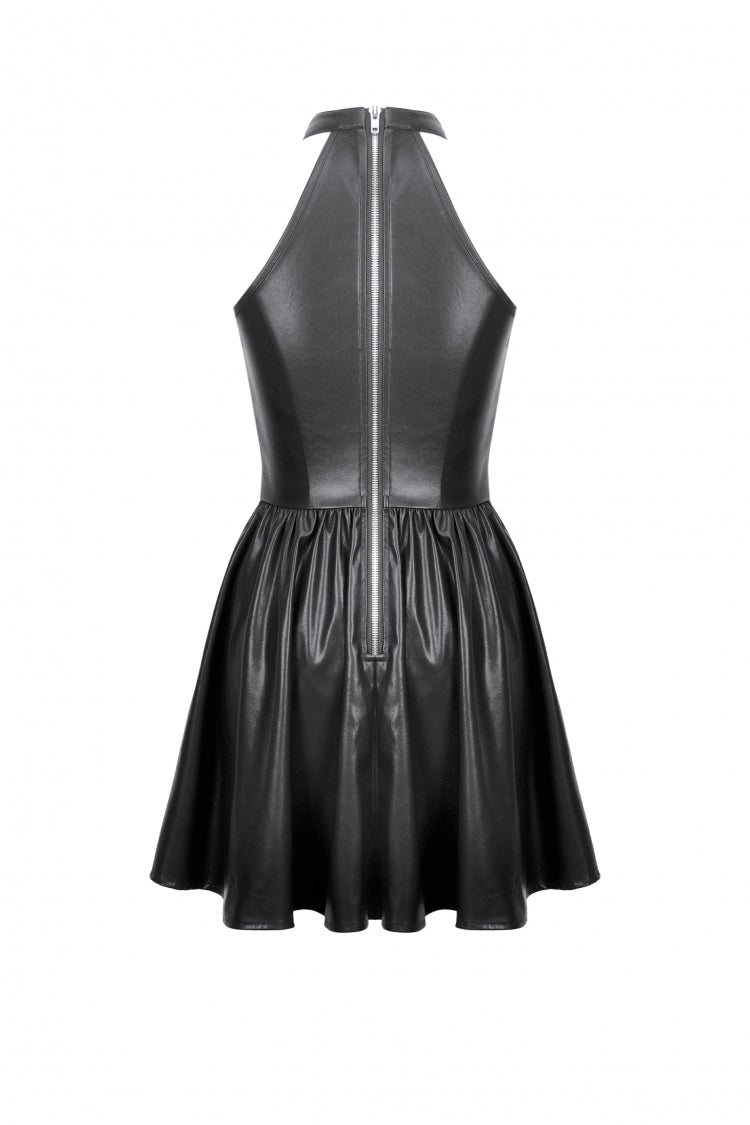 Halterneck Zippered Chain-Decorated Eyelet Punk Faux Leather Dress