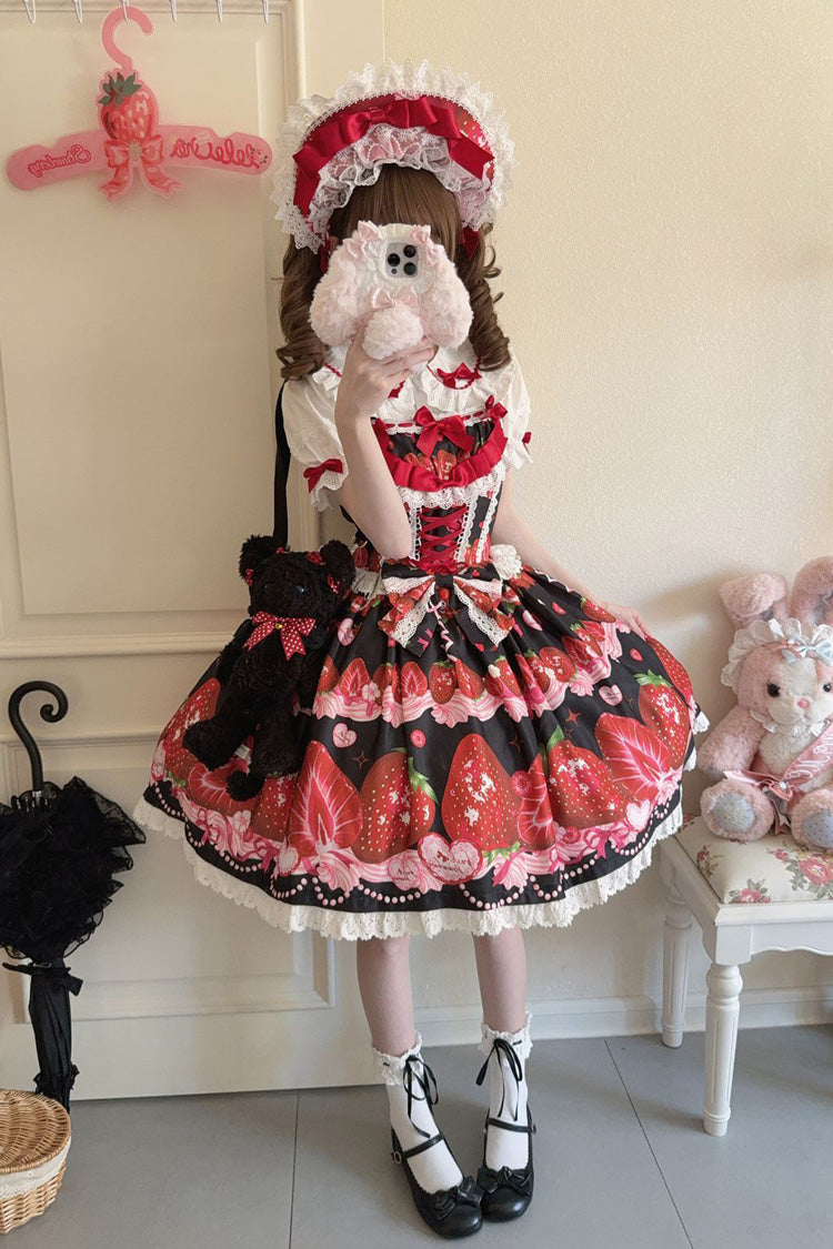 Strawberry Print Ruffled Bow Lace Sweet Lolita JSK