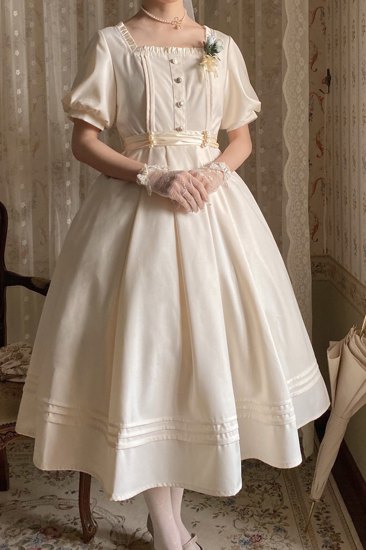 Apricot Classic Vintage Lolita Dress with Square Collar Short Sleeves and Ruffle Trim