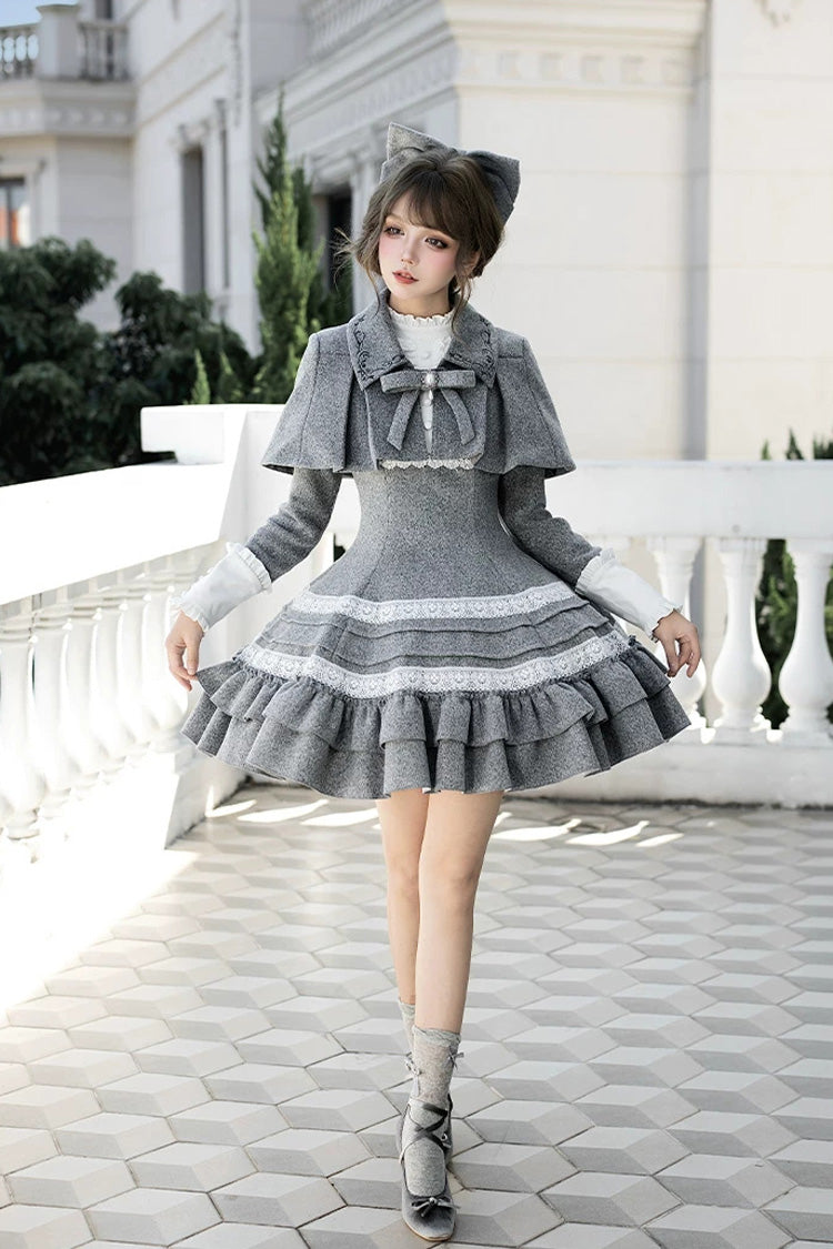 Classic Elegant Lolita Dress with Stand Collar and Ruffled Bow - Grey