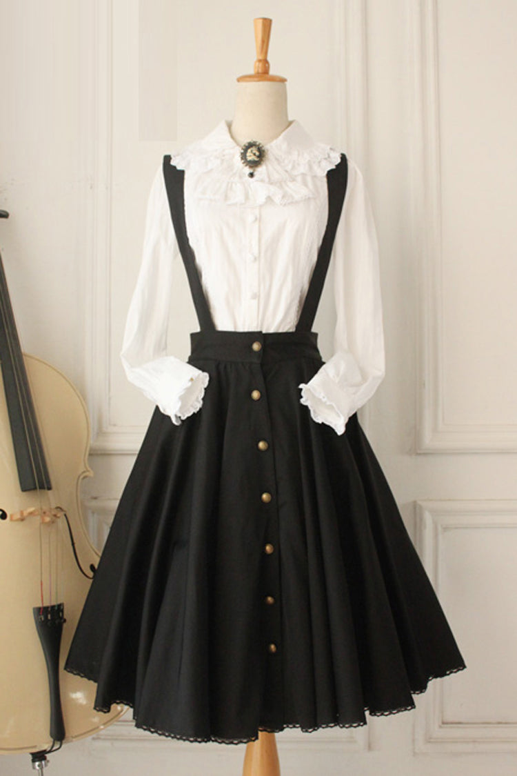 Black Vintage Single Breasted Ruffled Classic Strap Dress - Sweet Lolita