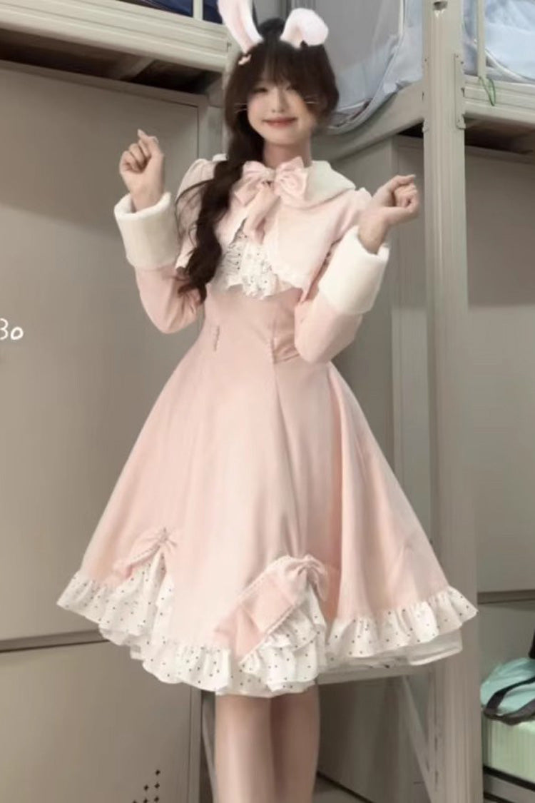 Pink Long Sleeves Ruffled Bow Sweet Princess Lolita Dress Coat Set - Miss Brown