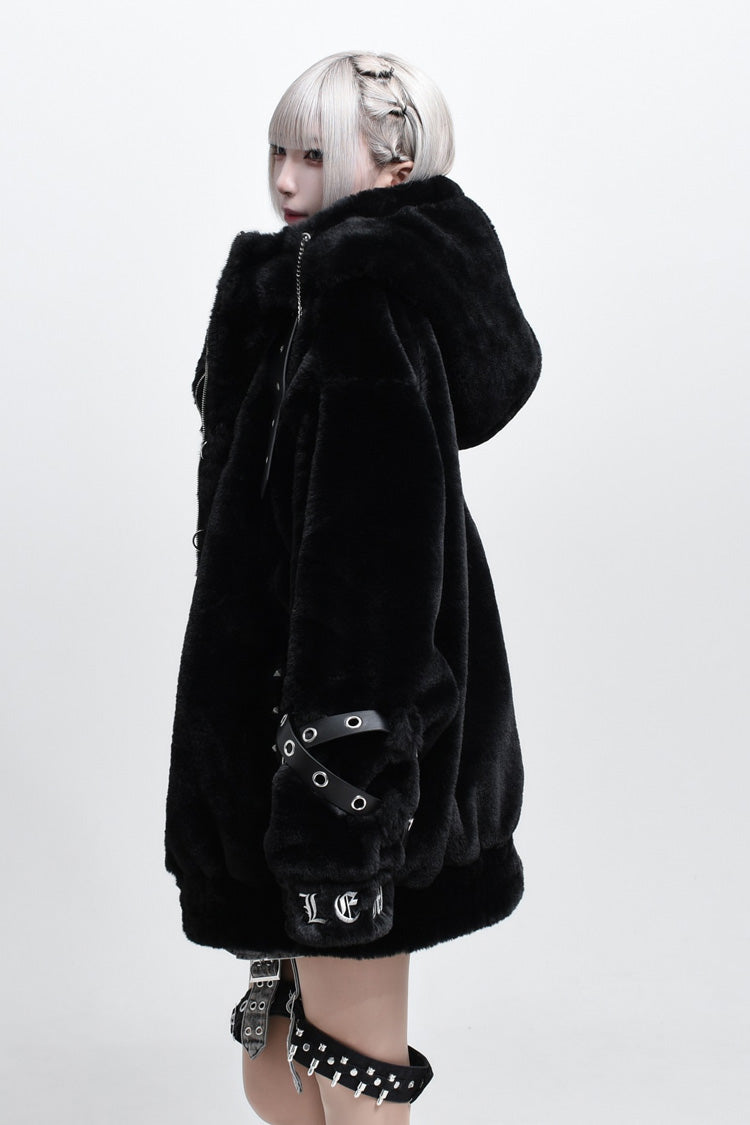 Hooded Punk Jirai Coat with Cross Leather Buckles in Two Tones