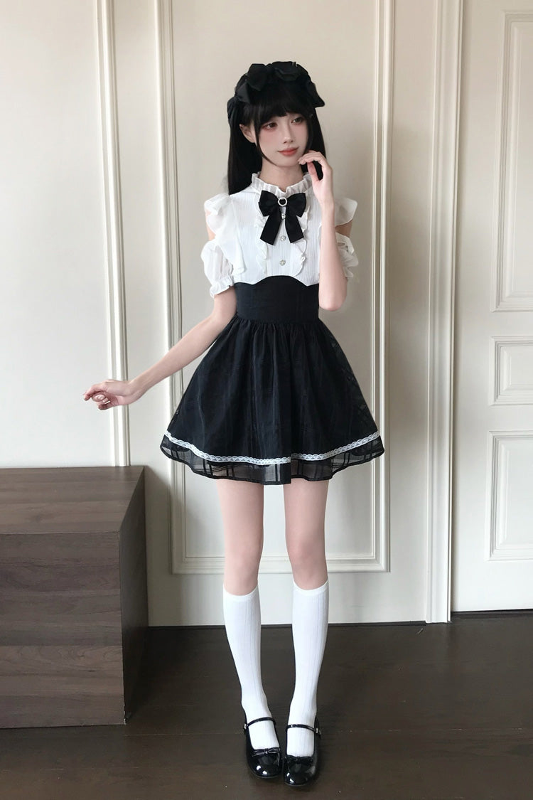 Moonlit Poem Stand Collar Off Shoulder Short Sleeves High Waisted Ruffled Bow Lace Sweet Princess Lolita Dress - Black/White