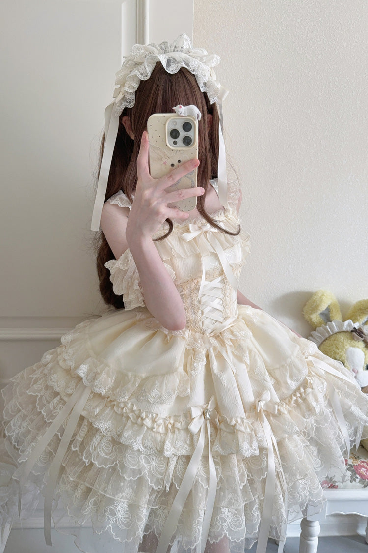 Apricot Princess Ballet Lolita JSK Dress with Multi-Layer Ruffles Bowknot Lace-Up Design
