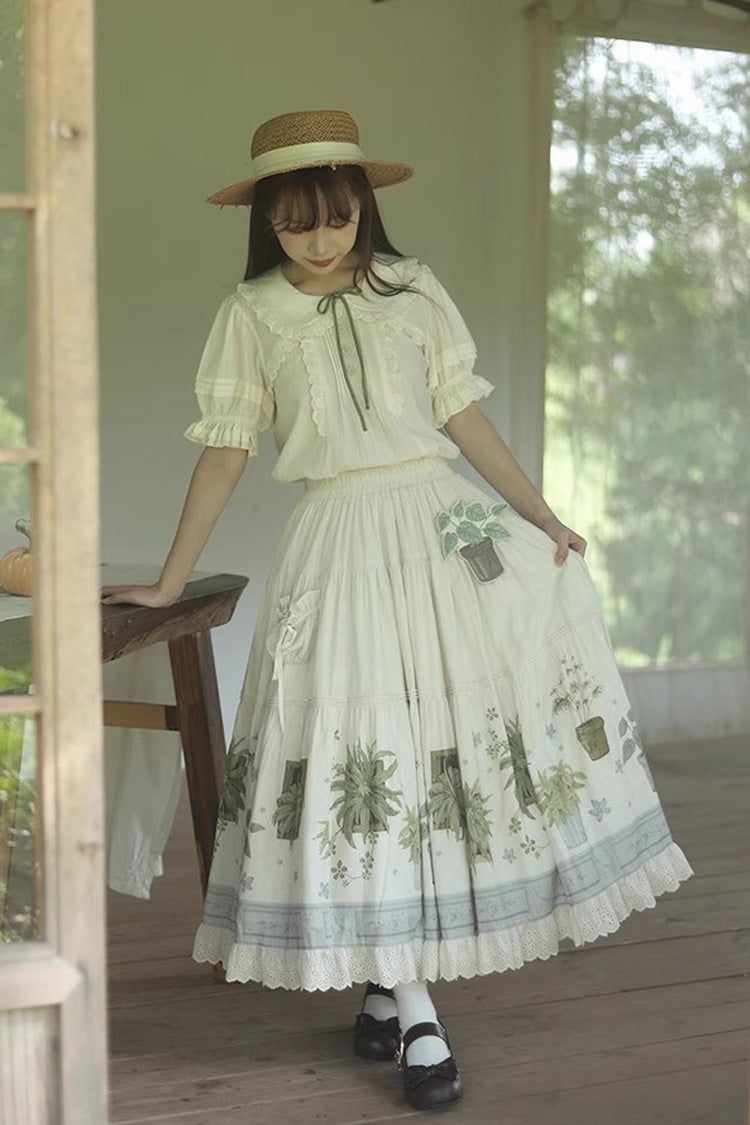 Cream Potted Plant Floral Frilled Sweet Lolita Skirt