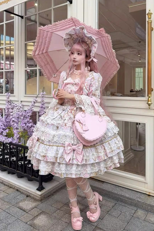 Candlelight Elegance Violet Long Trumpet Sleeves Ruffle Bowknot Lace Elegant Lolita Dress - Candlelight Elegance