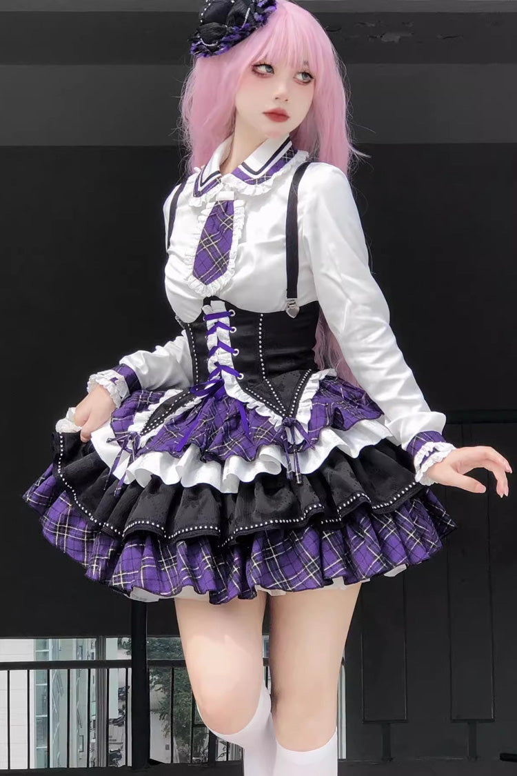 White Black Purple Multi-Layer Print Sweet Princess Lolita Skirt Set