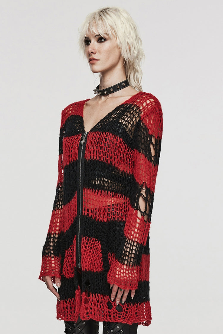 Irregular Ripped Striped Sweater with Zipper Accents