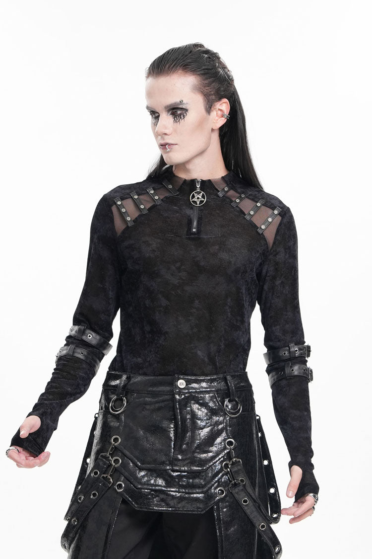 Midnight Crewneck Long-Sleeve Buckle Star Studded Gothic Tee for Men