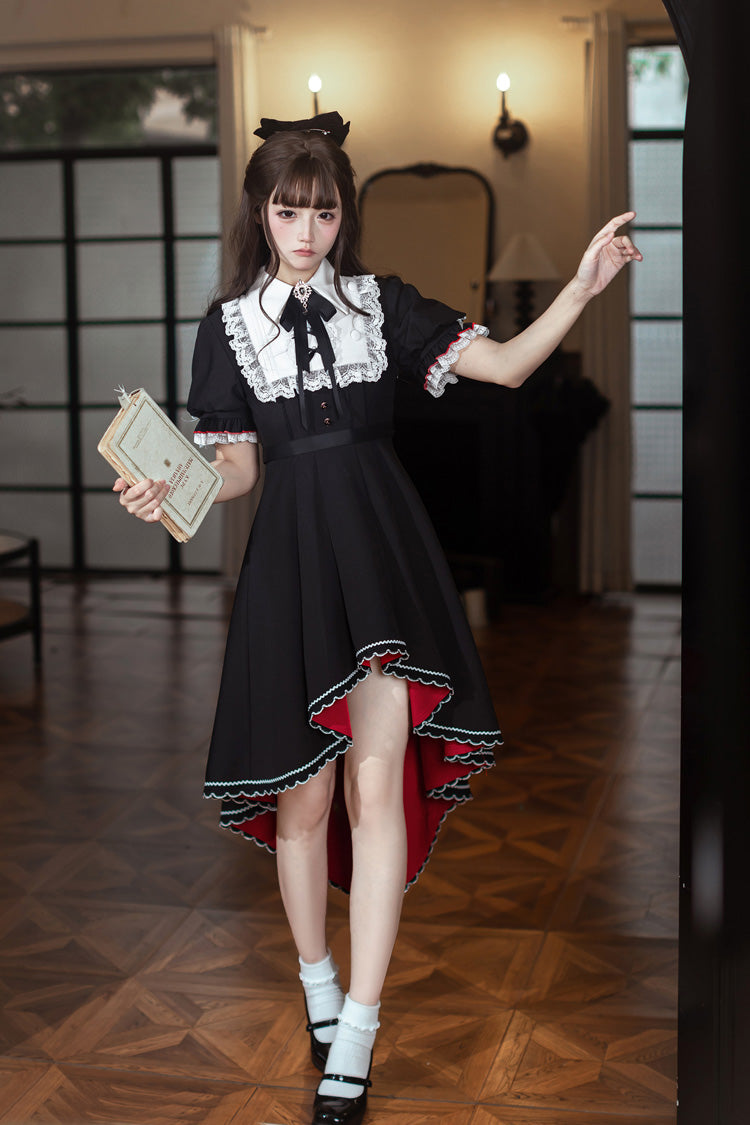 Rosalind Lapel Collar Short-Sleeve Bow Lace Gothic Maid Lolita Dress