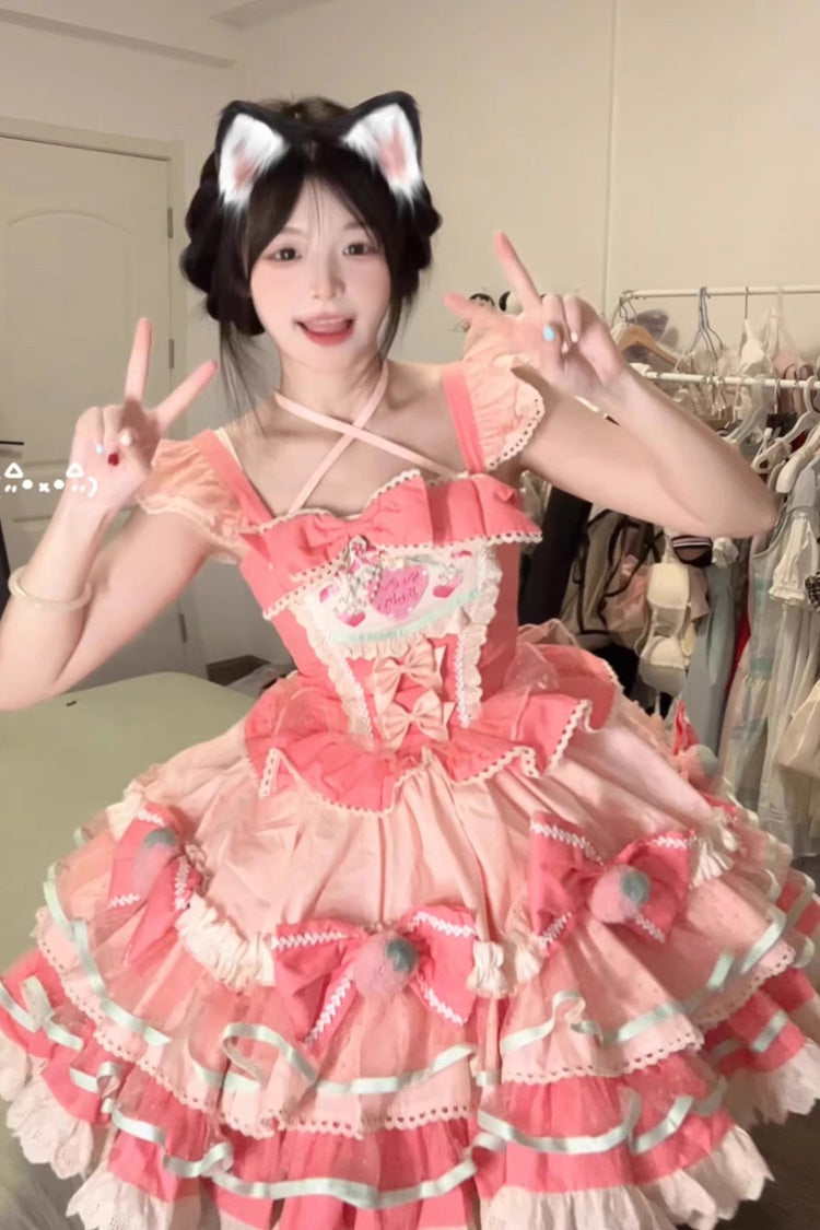 Pink Tiered Sweet Lolita Dress with Print and Multi-Layered Ruffle Bowknot