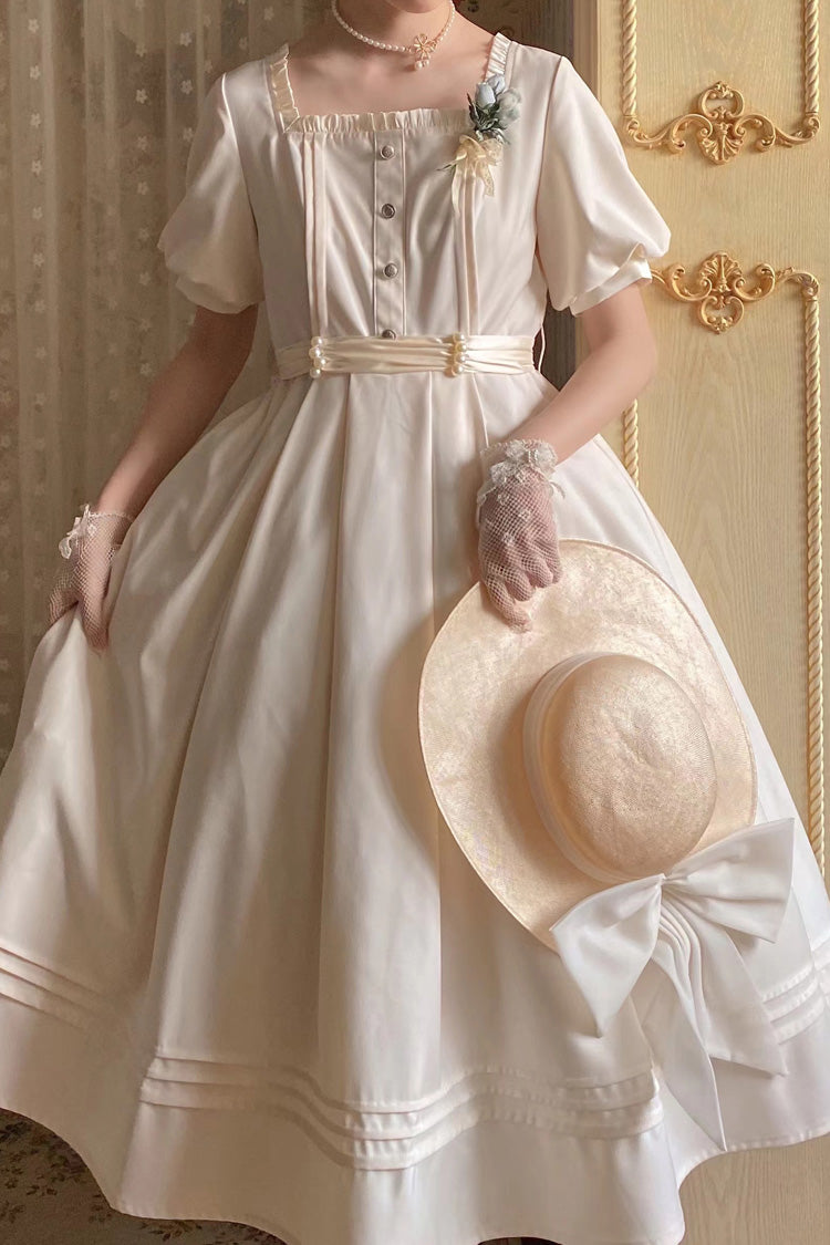 Apricot Classic Vintage Lolita Dress with Square Collar Short Sleeves and Ruffle Trim