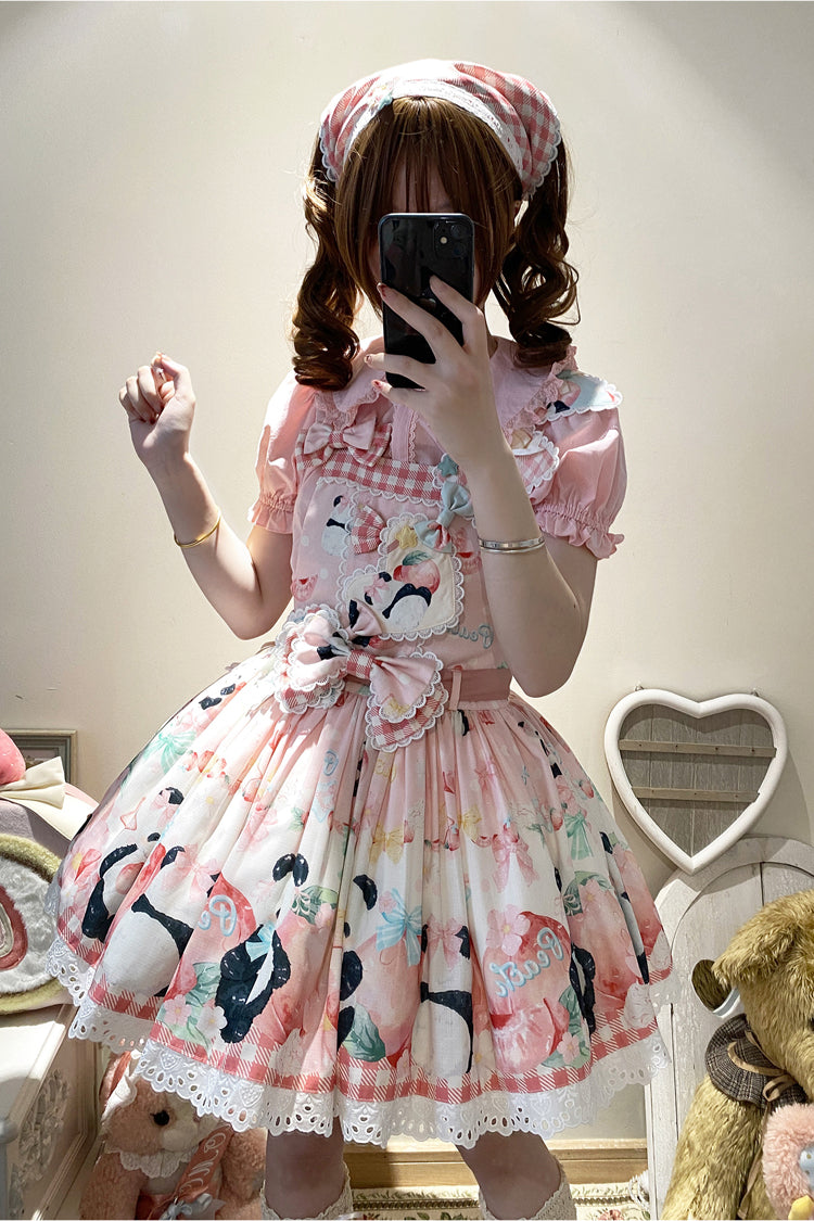 Panda Peach Printed Bow Sweet Lolita Strap Dress