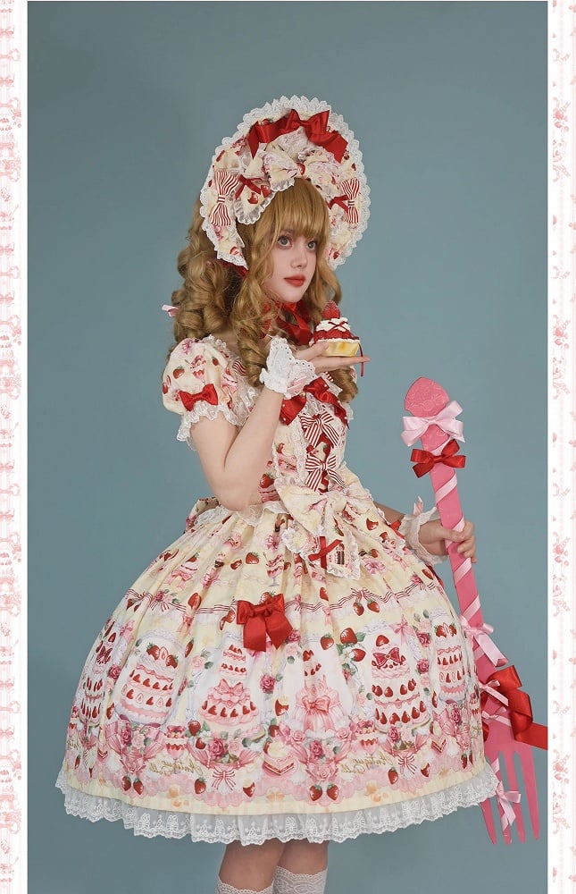 Yellow Full Lolita Set Print Strawberry Sweet Cake Accents Bow Dress /