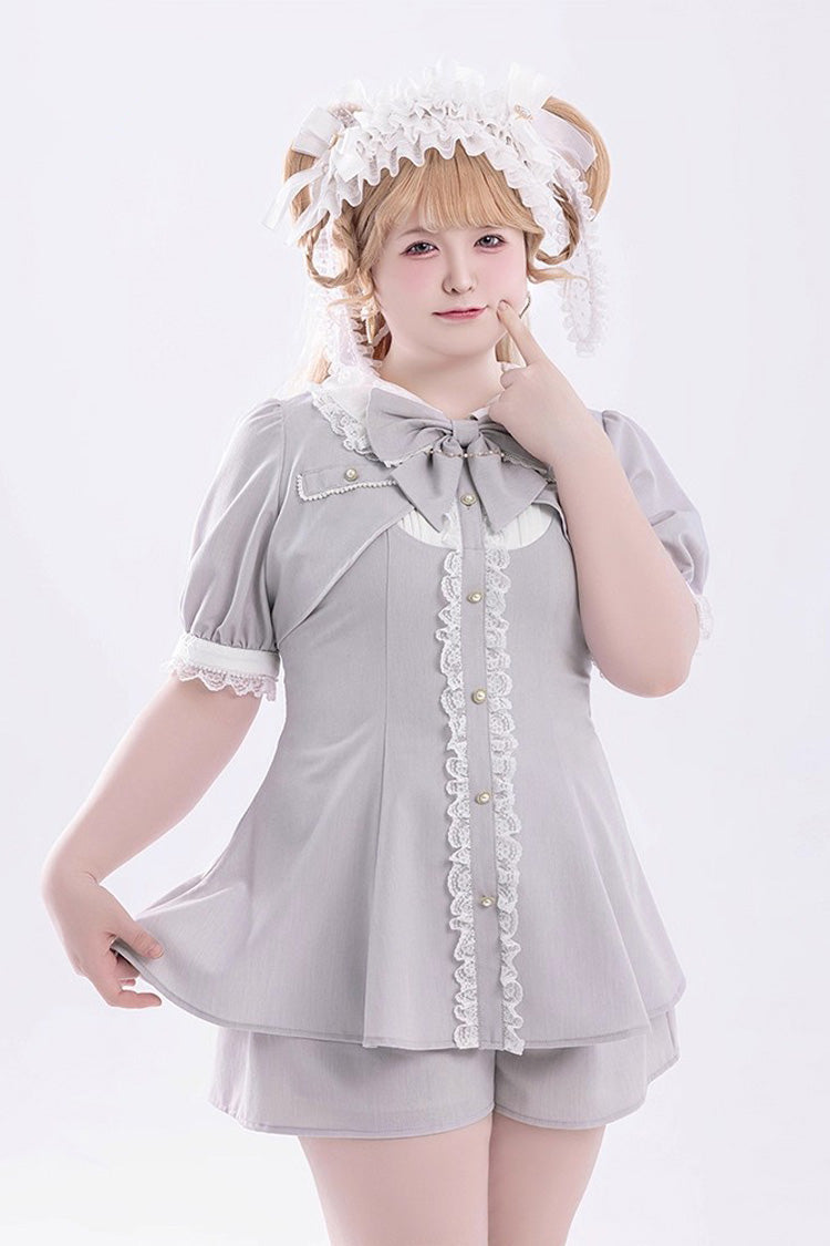 Grey Short Sleeves Ruffle Bowknot Fake Two Pieces Jirai Kei Japanese Dress Shorts