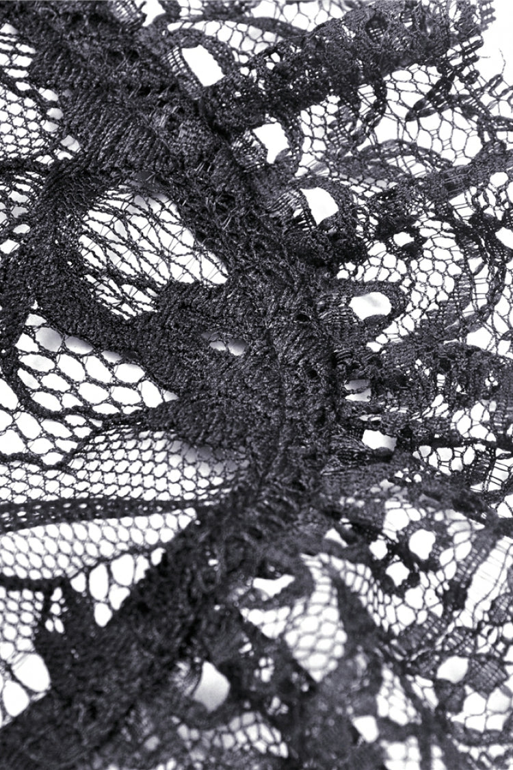 Jet-Black Gothic Cape with Sheer Floral Lace and Lacing for Women