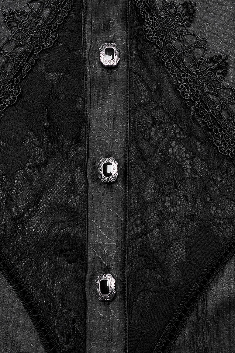 Jet-Black Gothic Shirt with Puffed Sleeves and Lace Panels for Men
