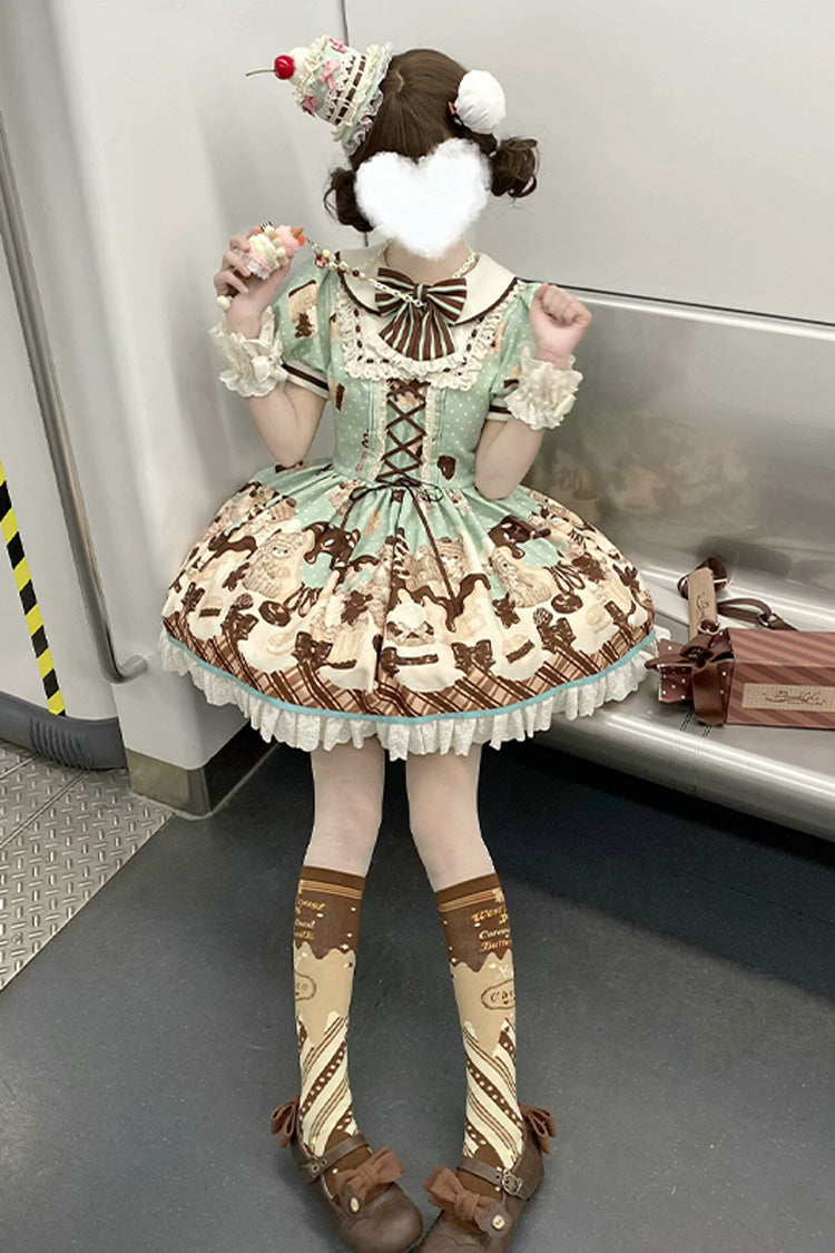 Brown Chocolate Cake Bear Print Ruffled Bow Lace-Up Sweet Dress - Peppermint Chocolate